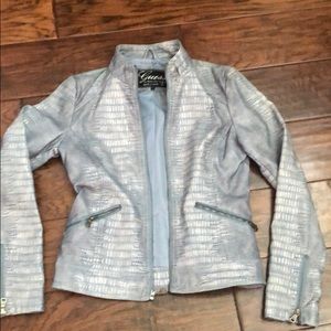 Guess faux laminate leather looking blue jacket